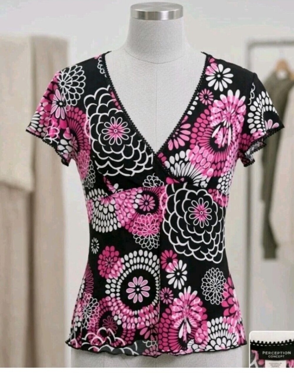 PerSeption Concept Black Floral Wrap V-Neck Top with Pink & White Accents